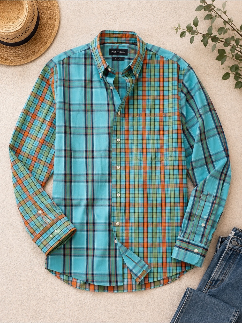 Paul Fredrick Turquoise & Orange Plaid Button-Down Shirt - Men